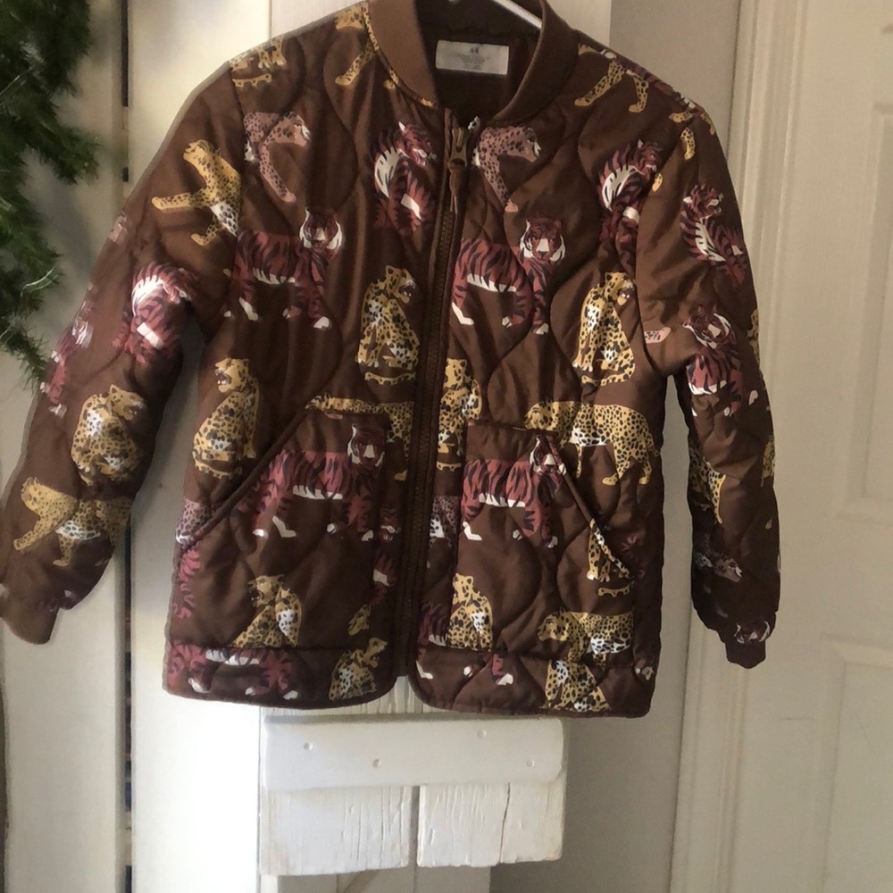 H&M girls puffer jacket brown animal print size 9/10